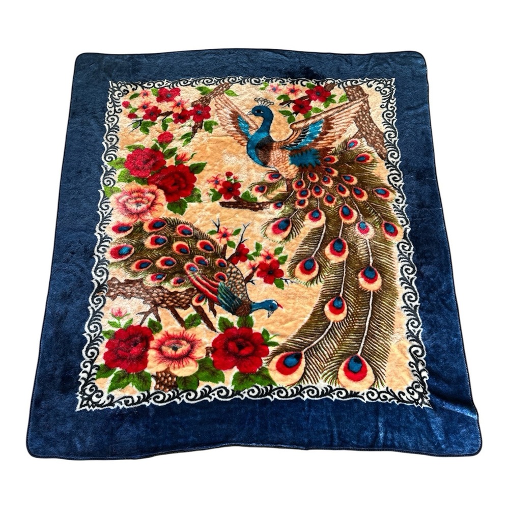 Korean Style Acrylic Peacock Blanket Blue Heavy Queen 85'x80' VINTAGE Reversible